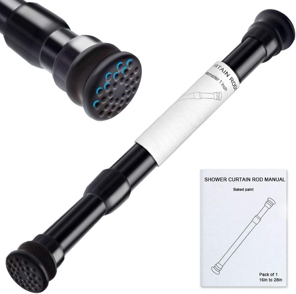 Strong Small Tension Rods 16 to 28 Inch Diameter 22 MM 1Pcs 1inch Shower Curtain Rod Black, Anti-slip -Heavy Duty Adjustable Spring Tension Rod for Windows,Bathroom