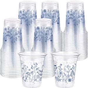 Hushee 60 Pcs Floral Cups with Spring Summer Fall Flower 16 oz Wildflowers Plastic Disposable Drinking Cups for Summer Spring Autumn Birthday Baby Shower Party Supplies(Blue Floral)