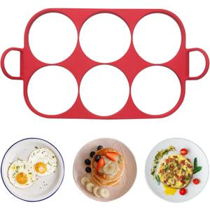 Baker's Friend 6 Round Silicone Egg Rings for Frying Eggs & Pancake, Non-Stick & Heat-Resistant, Ergonomic Handles, Omelette Ring for Griddle, 4 Inch, Red