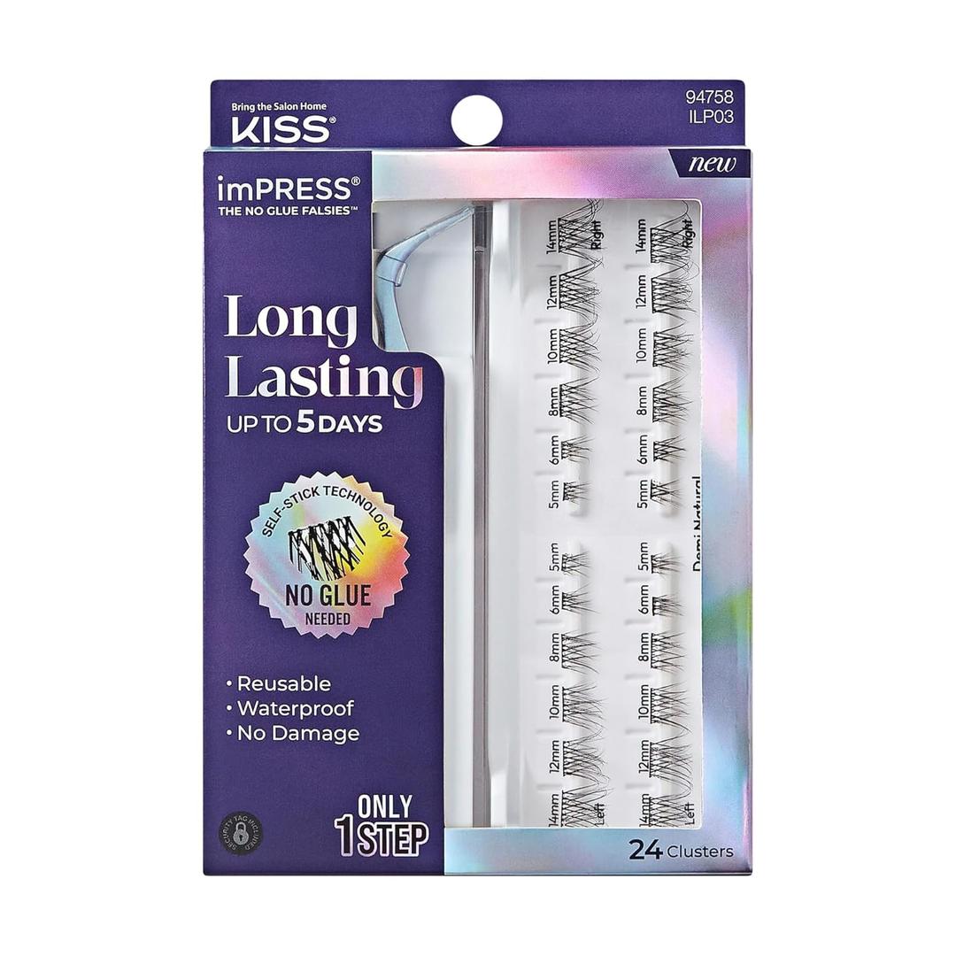 KISS imPRESS Falsies Long Lasting Self Adhesive Eyelashes, Demi Natural, 5 Day Extended Wear, 24 Natural Volume Lash Clusters (5,6,8,10,12, & 14mm), Precision Non-Stick Applicator