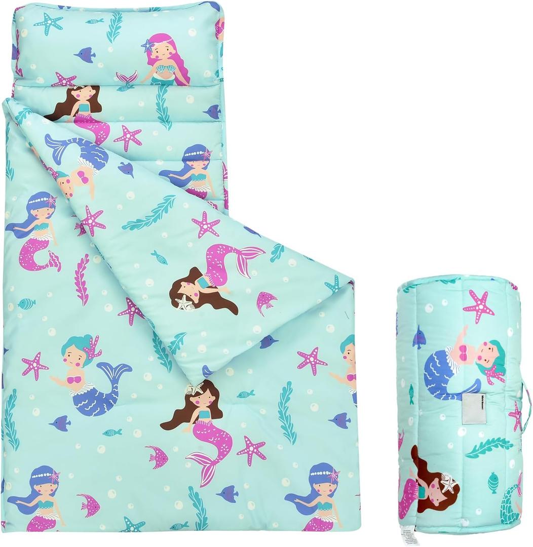 david's kids Toddler Nap Mat Set with Removable Pillow, Ultra Soft Slumber Bags for Boys Girls NeutralPerfect for Preschool, Daycare, Kids Sleeping Bags with Rollup Design, 50"x20", Mermaid
