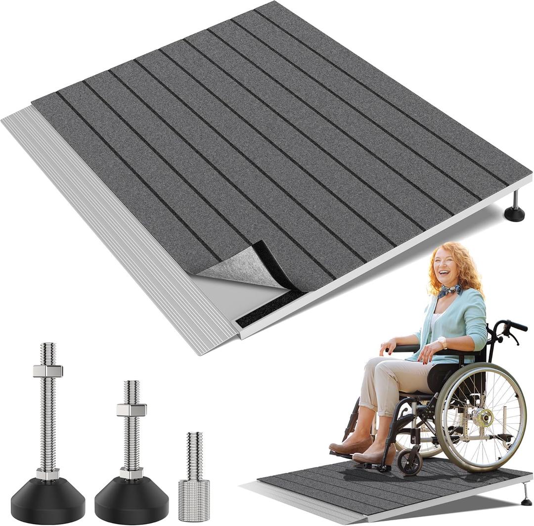 Threshold Ramps for Wheelchairs, Adjustable Height 3"6.2" and 30"36" Platform Aluminum Wheelchair Ramp, Door Threshold Ramps with a Non-Slip Thick Door Mat for Scooters, Power Chairs, Cart