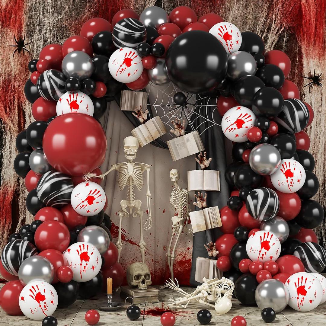 Halloween Balloon Arch Kit Bloody Balloons Garland Black and Red Balloon with Horror Marble Latex Balloons for Scary Creepy Killer Night Ghost Spooky Vampire Birthday Baby Shower Party Decor
