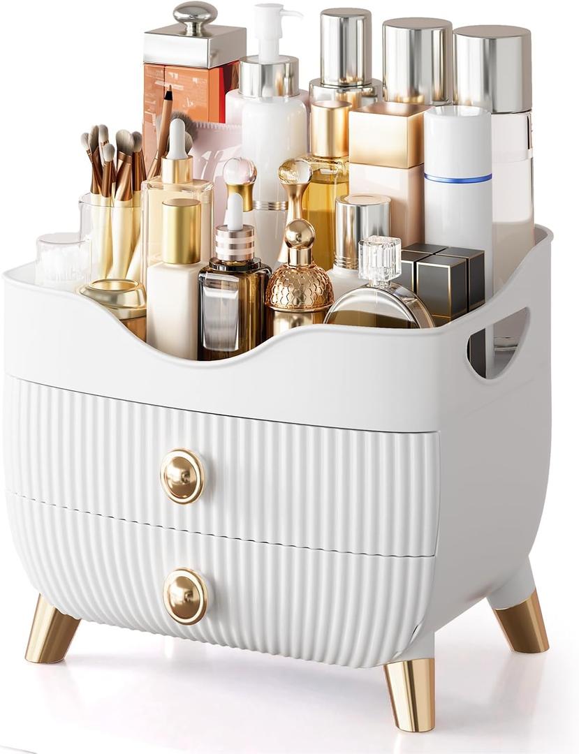 Makeup Organizer Countertop, Large Capacity Skincare Cosmetic Organizer for Vanity with 2 Drawers, Cosmetic Display Cases Makeup Storage Box for Bedroom, Bathroom, Ideal Gifts for Women(White)