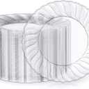 FOCUSLINE 100 Count Clear Plastic Plates 9 Inch, Disposable Heavy Duty Dinner Plates- Premium Hard Plastic Plate Fancy Disposable Clear Plates for Weddings, Parties and Events