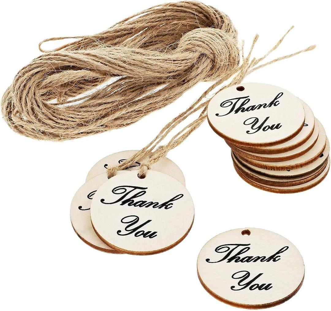 100-Pack Thank You Wood Tags with Twine for Wedding and Baby Shower Themed Party Favors, 1.5 Inches