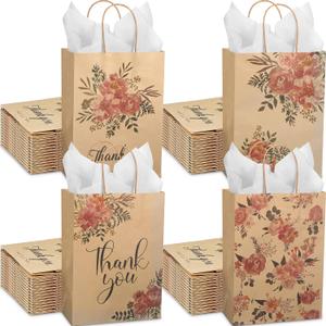 Jutom 48 Pack Kraft Paper Floral Gift Bags with Handles Thank You Flower Bags with Tissue Paper Kraft Paper Treat Bags for Tea Party Birthday Wedding Baby Shower Business Supplies