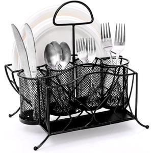 Bekith Silverware Caddy Paper Plate Napkin Holder, Utensil Holder with Handle, Countertop Flatware Caddy Portable Cutlery Storage Organizer for Kitchen, Picnic, Camping, Party, Metal Mesh, Black
