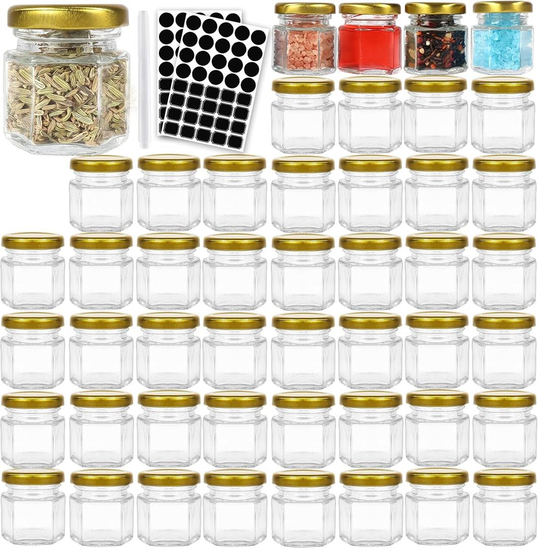 STARSIDE 48 Pack 1.5 oz Hexagon Glass Canning Jars with Gold Lids, Mini Jam Jars for Honey,Sauce,Wedding Favors,DIY Small Spice Jars. Include 1 Pen and 80 Labels.