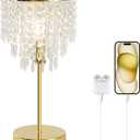 Touch Control Crystal Table Lamp with USB C+A Ports, 3-Way Dimmable Gold Lamp, Bedside Light with Crystal Shade, Girls Lamp for Bedroom, Living Room, Teens Room, Dresser, 6W LED Bulb Included