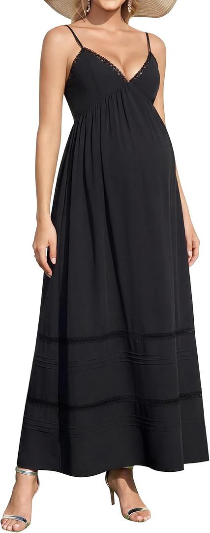 KUTUMAI Summer Lace V Neck Maternity Maxi Dresses for Women 2026 Casual Floral Long Flowy Photoshoot Baby Shower Dress (M)