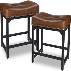 Bar Stools Set of 2, Counter Height Bar Stools for Kitchen Counter, 24 Inch Saddle Barstools Kitchen Stools, Counter Height Stools for Bar, Kitchen, Island-Brown