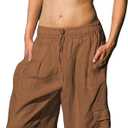Women Linen Beach Pants Lightweight Cargo Sweatpants Wide Leg Elastic Waist Palazzo Pants Cover Up with Pockets(Rust-Small)