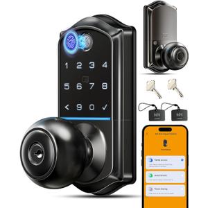 Veise VE018 Smart Knob Handle Lock - Fingerprint, App Control, Keyless Entry for Front Door and Bedroom, Electronic Digital Keypad, Auto Lock, Remote Access Sharing, IP55 Weatherproof, Matte Black