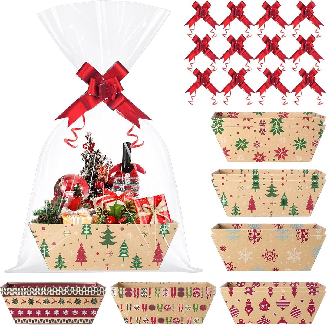 Pascliyna 12 Set Christmas Gift Baskets Empty 10x7 Inch, Kraft Paper Christmas Gifts Baskets with Cellophane Bags and Red Pull Bows, Reusable Gift Wrapping for Xmas Holiday Winter Party Supplies