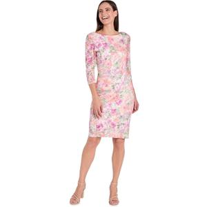 R&M Richards Women's Elegant Floral Lace Sheath Dress | 3/4 Sleeve Knee-Length U-Back Pencil Gown | Cocktail Party Attire 12P