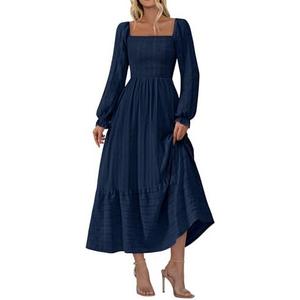 BTFBM Women Maxi Spring Dresses 2026 Long Sleeve Solid Color Square Neck Smocked Boho Long Wedding Guest Dress,Large