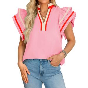 Cicy Bell Womens Ruffle Cap Sleeve Tops Color Block V Neck Dressy Casual Blouses Summer Pleated Loose Fit Shirts (Pink, S)