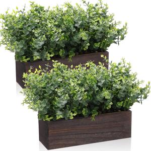 Lyrow 2 Pack Artificial Eucalyptus Plant in Rustic Rectangular Wooden Planter Box Greenery Faux Potted Herb Plant for Indoor Wedding Table Centerpiece (Green, 11.4 x 3.7 x 7.8 Inches, Retro Style)