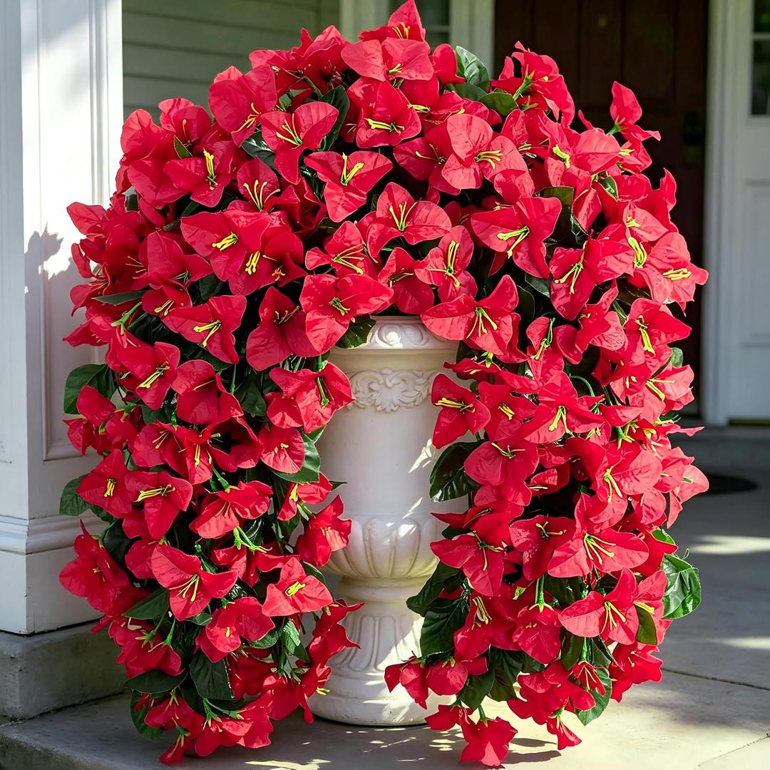 Fake Bougainvillea Artificial Hanging Flowers, 2 PCS Outdoor Faux Plants UV Resistant Realistic Silk Long Trailing Vines for Door Porch Outside Planter Urn Patio Garden Yard Dec, Red
