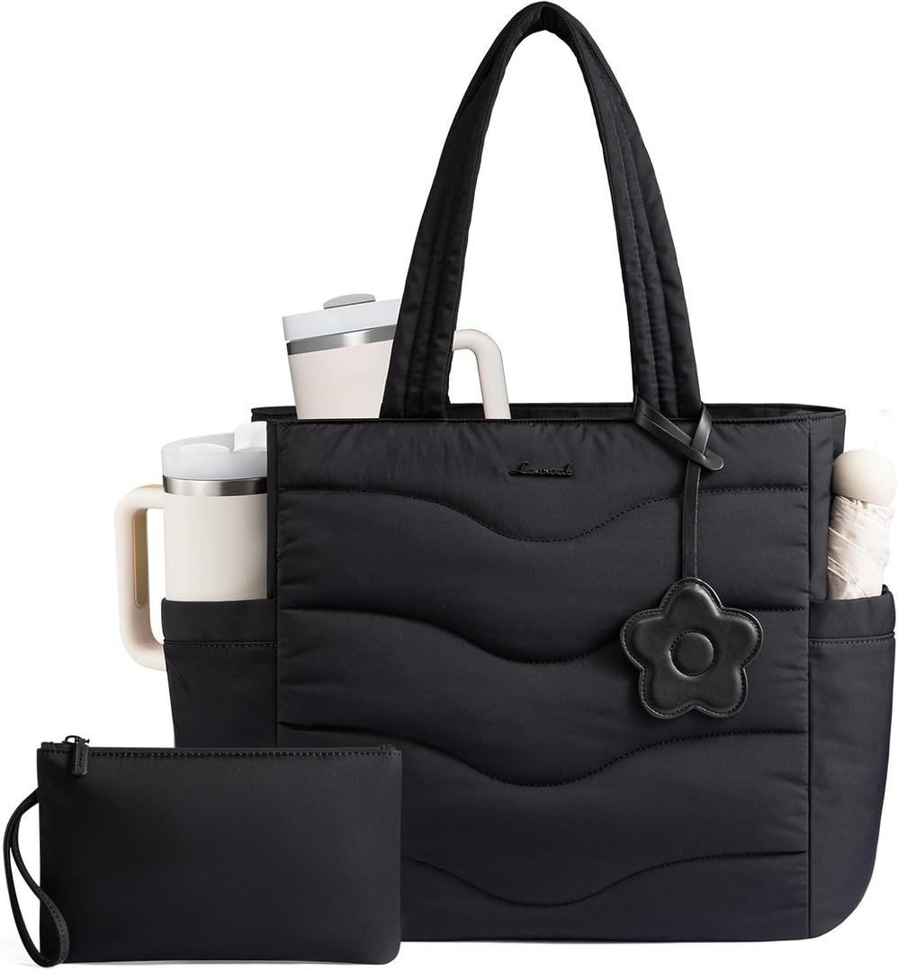 LOVEVOOK Tote Bag for Women,Puffer Work Bag,Quilted Teacher Nurse Tote Bag with Zipper for Travel Gifts for Women (15.6 Inch)