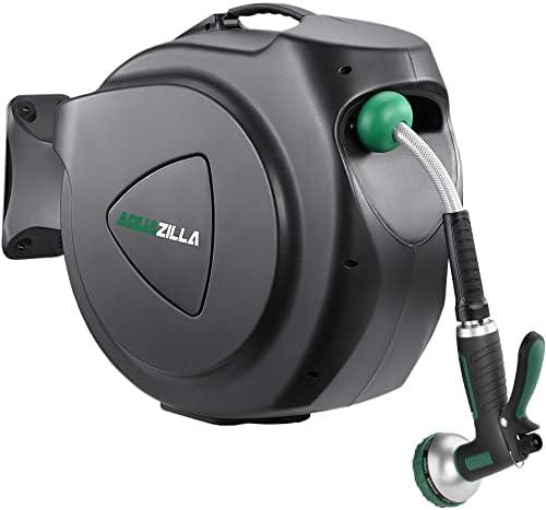 AQUAZILLA Retractable Garden Hose Reel 100FT +6FT 5/8", Durable Wall Mounted Water Hose Reel- Smooth Automatic Rewind, Lock Hose in Any Lenght, 180°Swival Bracket, 9 Pattern Sprayer