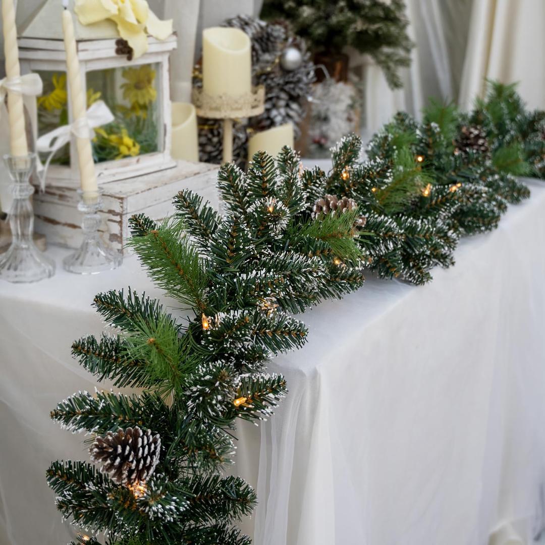 9FT Pre-Lit Artificial Christmas Garland with 50 Lights, White Garland with Pine Cones and Red Berries, Plug-in Snowy Christmas Garland for Mantel, Staircase, Door