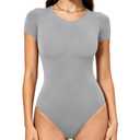 Mobeso Women's Round Neck Short Sleeve Bodysuit Double-Lined Body Suits Basic T-Shirt Tops for Women Grey XS (XS)