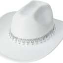 Verdusa Women's Western Boho Cowboy Hat Rhinestone Sequin Wide Brim Cowgirl Hat (White)
