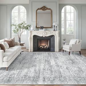 Soalmost Washable Area Rug 8x12, Large Soft Rugs for Living Room Vintage Grey Carpet 8x12 Area Rugs for Bedroom Dining Room Non-Slip Stain Resistant Under Table Rug