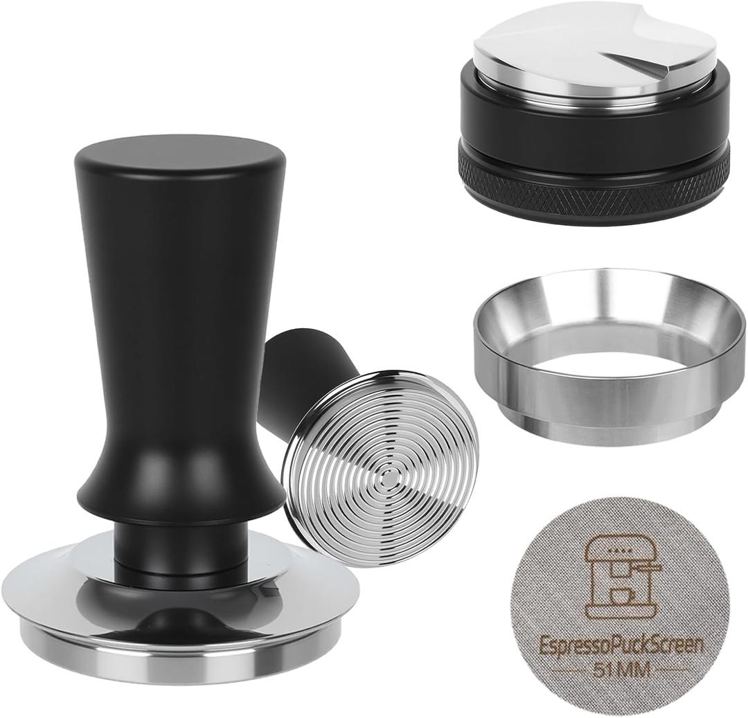 51mm Espresso Tamper Kit - Spring-loaded Coffee Tamper, Adjustable Depth Espresso Distributor Leveler, Magnetic Dosing Funnel Aluminum Metal, Reusable Puck Screen, Fit Delonghi 51mm Portafilters