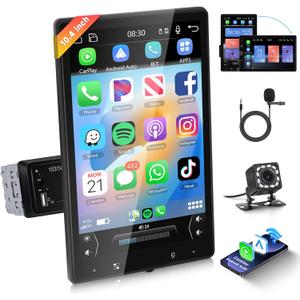 Single DIN Car Stereo with Wireless Carplay and Android Auto, 10.4 Inch Vertical Rotatable Radio Screen with Bluetooth,GPS, DSP, FM/RDS Car Radio Audio Receivers, Hodozzy SWC/USB/AUX/+Back Up Camera
