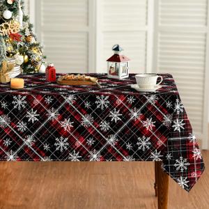 Horaldaily Christmas Tablecloth 60x84 Inch Rectangular, Black Red Grid White Snow Washable Table Cover for Party Picnic Dinner Decor