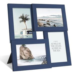 SZYUU 4x6 Collage Picture Frame with Real Glass, 4 Opening Wooden Photo Collage Frame with Stand, Family Multi Picture Frame for Wall or Tabletop Display, 4 Photo Gallery Frame for Home Decor, Navy Blue