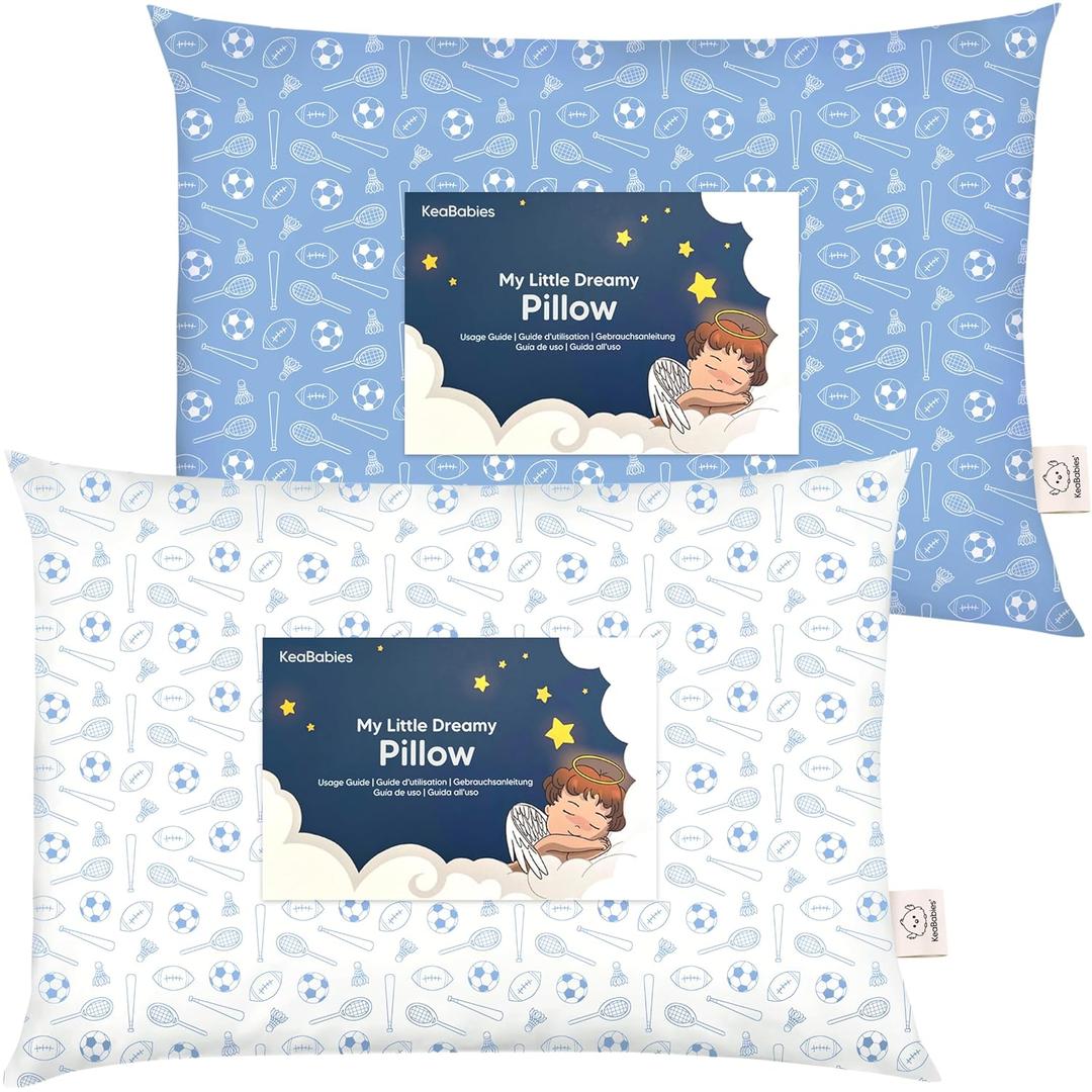 KeaBabies 2-Pack Toddler Pillows 2 Year Old to 5-13x18 Soft Organic Cotton Kids Pillow for Sleeping, Travel, School, Daycare, Nap, Toddler Bed, Machine Washable, Without Pillowcase (Sports)