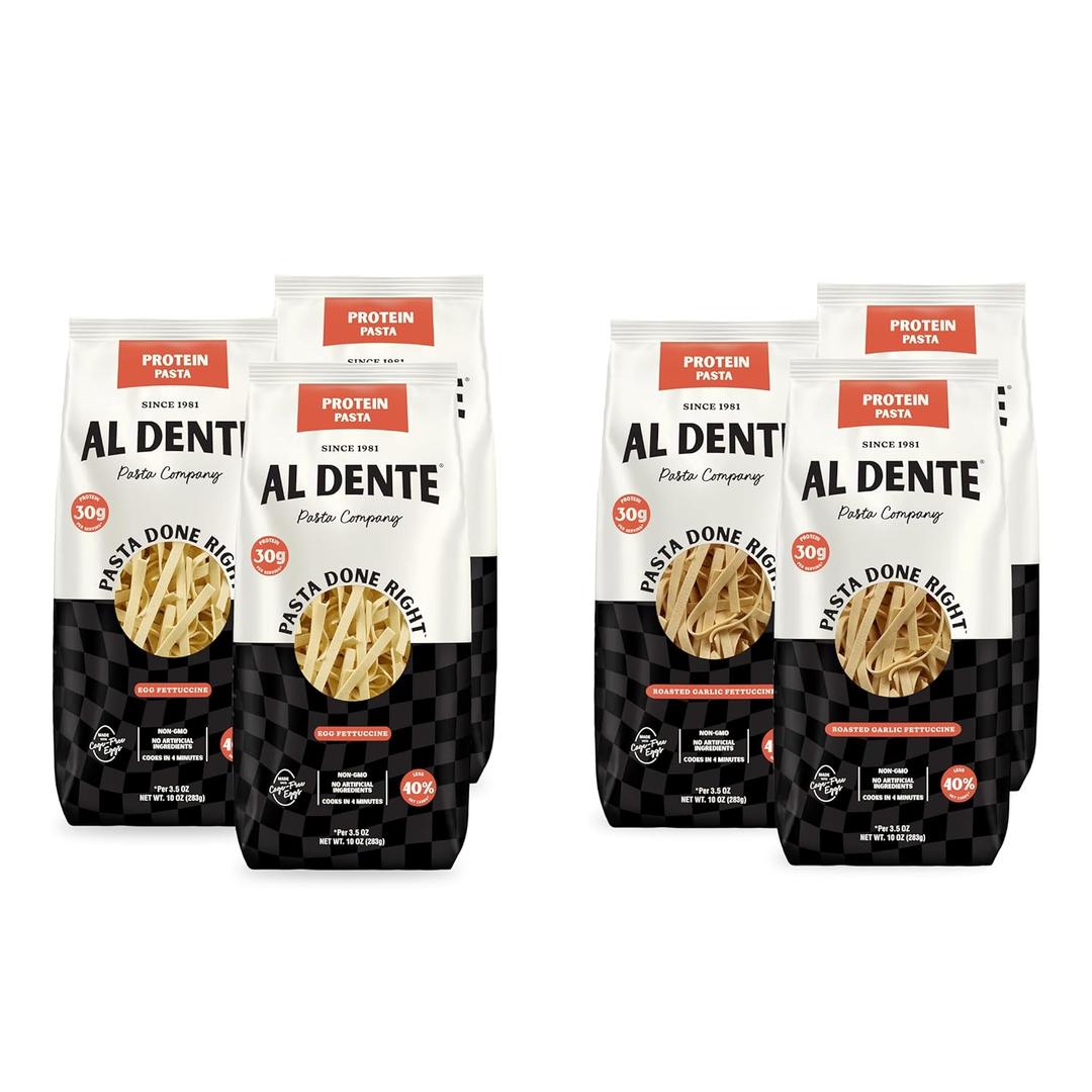 Al Dente Protein Pasta Egg & Roasted Garlic Fettuccine - 30g High Protein in 3.5oz Serving, Lower Carb. Cage-Free Eggs & Semolina. (Previously Carba-Nada) - 10oz Bags (Pack of 6) BB Date 12/18/2026
