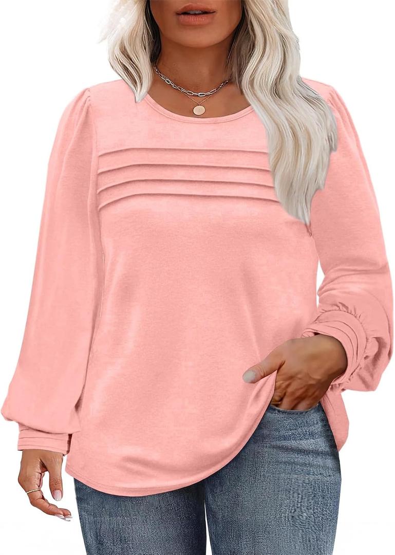 5 x Eytino Womens Plus Size Tops Long Sleeve Blouse Crewneck Pleated Knit Casual Loose Fit Shirts(1X-5X) (Pink)