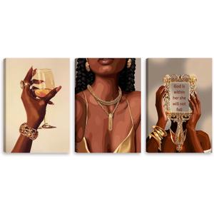 3Pcs Black Girl Wall Art African American Woman Canvas Pictures Fashion Girl Abstract Posters Prints Boho Black Female Paintings for Living Room Bedroom Bathroom 16"x24", 24''Lx16''W