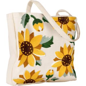 Aesthetic Embroidery Tote Bag for Women - Reusable Canvas Cute Shoulder Bag for Shopping, Grocery, Work, Book