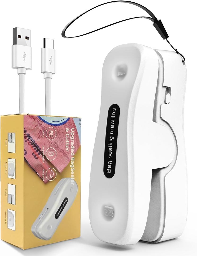 Mini Bag Sealer Rechargeable 2-in-1 Snack Sealer with Magnet Portable Bag Resealer USB Mini Sealer for chip Bag Plastic Bag Storage Freshness-White