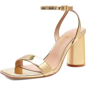 Athlefit Chunky Heels for Women Block Heeled Sandals Square Toe Ankle Strap Fashion High Heels for Prom (9.5, Gold)