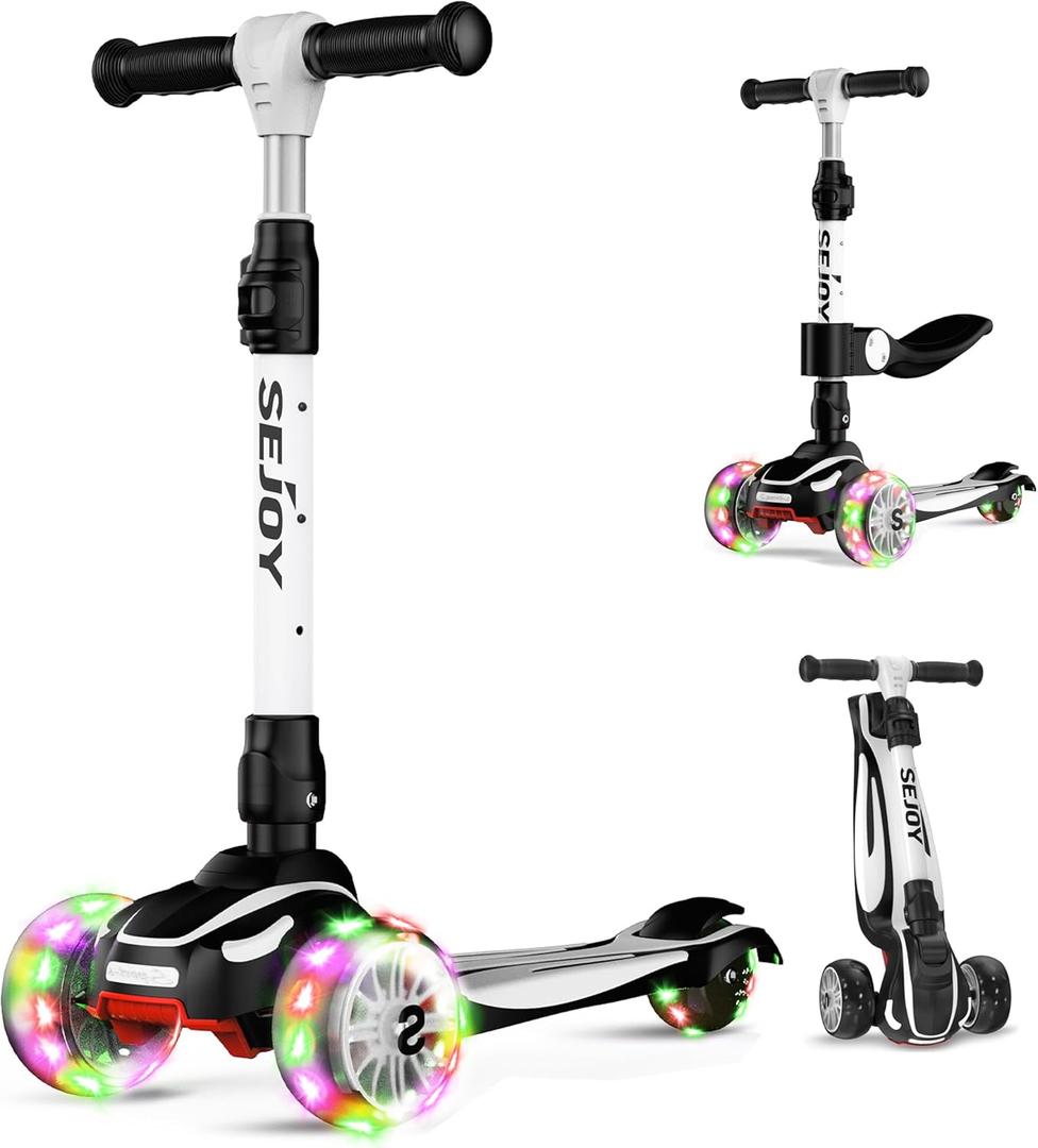 Sejoy Toddler Kick Scooter for Kids with 3 Wheels Extra-Wide Childrens Foldable Toy Scooter with Adjustable Height/Handlebars & Folding Seat for Kids Ages 3+ (Black)