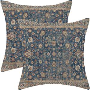 Blue Brown Carpet Pillow Covers 16x16 Inch Set of 2, Boho Rug Print Outdoor Decorative Vintage Rustic Throw Pillow Linen Blue Carpet Couch Cushion Case for Chair Sofa Bedroom Living Room (Dv1)