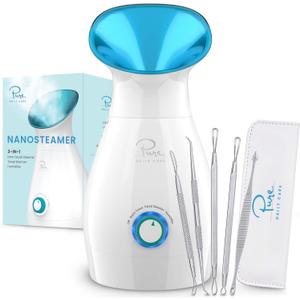 Pure Daily Care NanoSteamer Large 3in1 Nano Ionic Facial Steamer with Precise Temp Control  Humidifier  Unclogs Pores  Blackheads  Spa Quality  Bonus 5 Piece Stainless Steel Skin Kit (Teal)