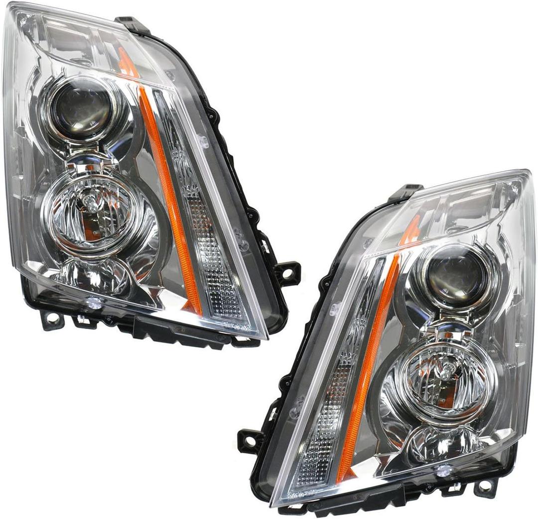 TRQ 1 Piece Headlight Assembly Set Chrome Bezel Driver & Passenger Side Compatible with Cadillac CTS 2008-2013 Cadillac CTS Wagon Coupe 2014 GM2502309 GM2503309 25897357 25897358