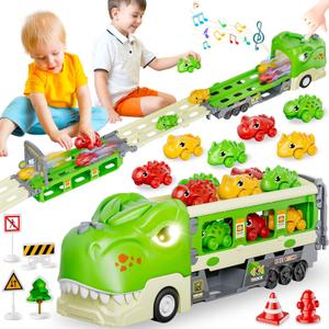 Dinosaur Truck Toys for 2 3 4 5 6 7 Year Boy Toddler, Foldable Track & 2 Player Race Mode, Light & Sound Transport Carrier W/ 6 Dino Car & 12 Accessories, Birthday Gift Idea for Kids Girls (Green)