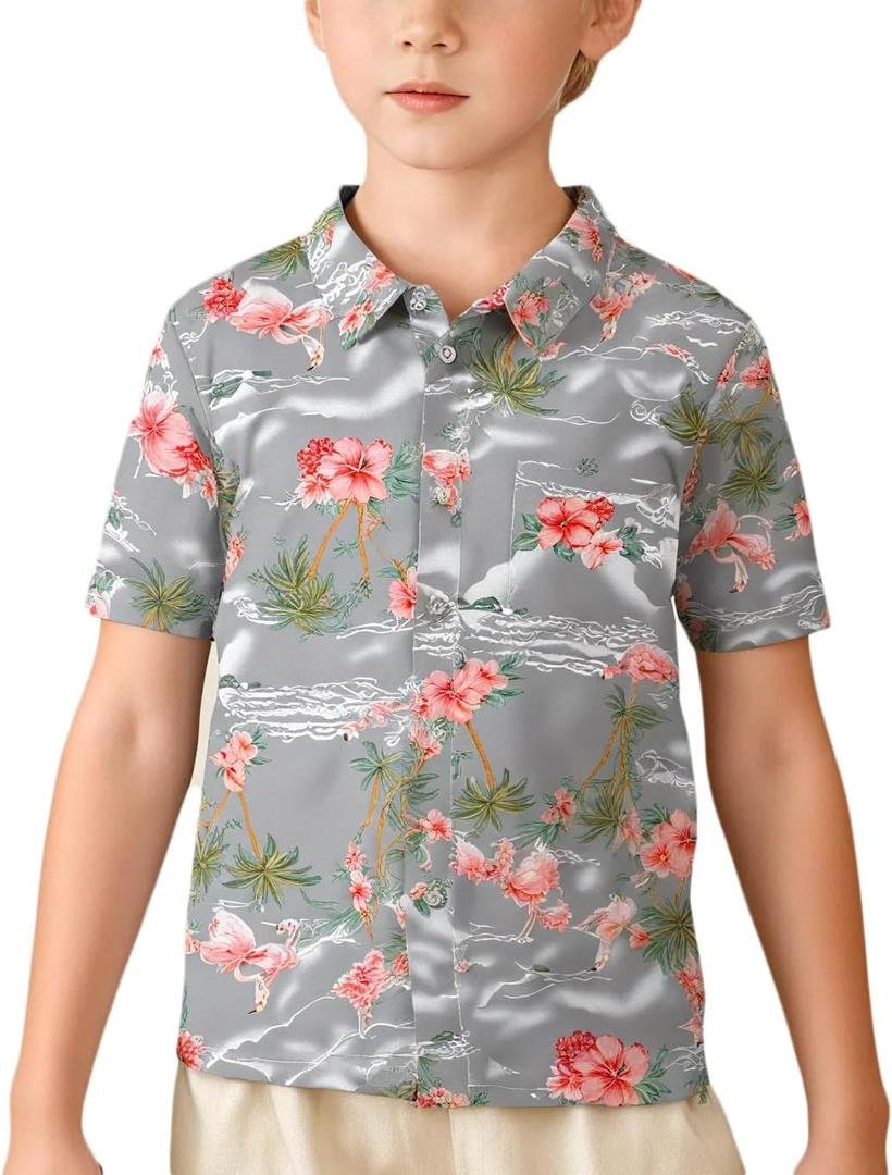 SSLR Big Boys Hawaiian Shirt, Kids Hawaiian Shirt, Flamingos Shirt Short Sleeve Luau Shirt for Kids (Gray, XL)