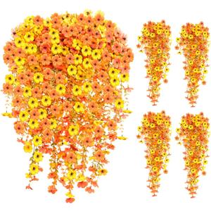 8PCS Hanging Fake Mums for Fall Decor,UV Resistant Artificial Flowers,Faux Mums for Outdoor Planters,Fall Flowers Artificial Decorations for Porch, Patio (OrangeYellow)