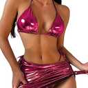 ZGMYC Women's 3 Piece Shiny Metallic Swimsuit Sexy Triangle Bikini Tie Side Thong Festival Outfit with Drawstring Mini Skirt, L