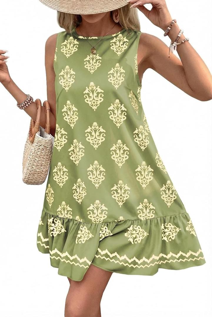 2 x BLENCOT Womens Boho Dress Sleeveless Ruffle Mini Summer Vacation Casual Dresses (Green, M)